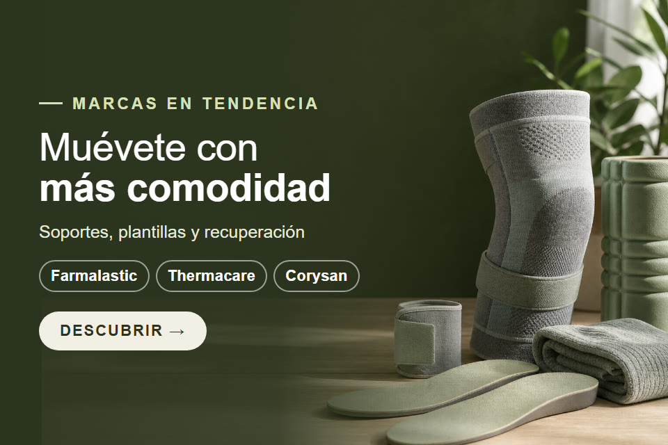 Muévete con más comodidad. Soportes, plantillas y recuperación. Marcas destacadas: Farmalastic, Thermacare, Corysan. Descubrir.